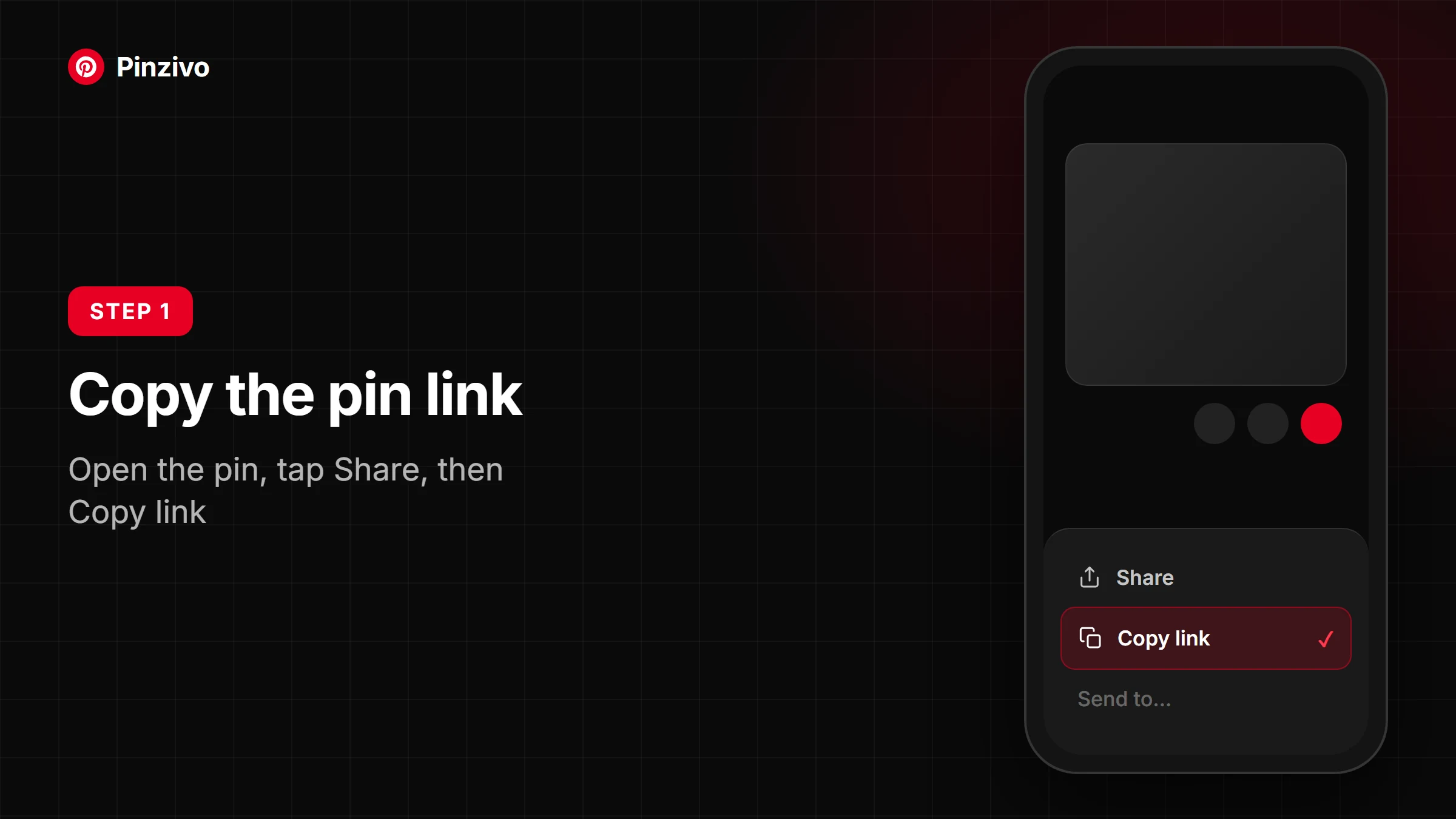 Copying a Pinterest link: tap Share, then Copy link