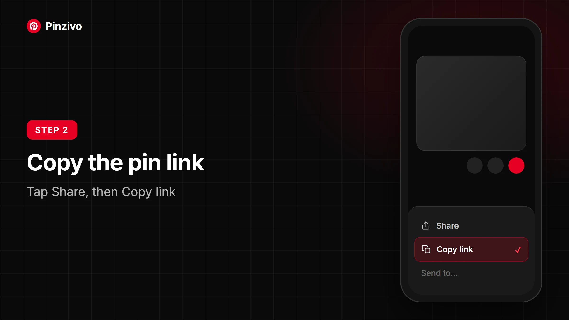 Copying a Pinterest link: tap Share, then Copy link