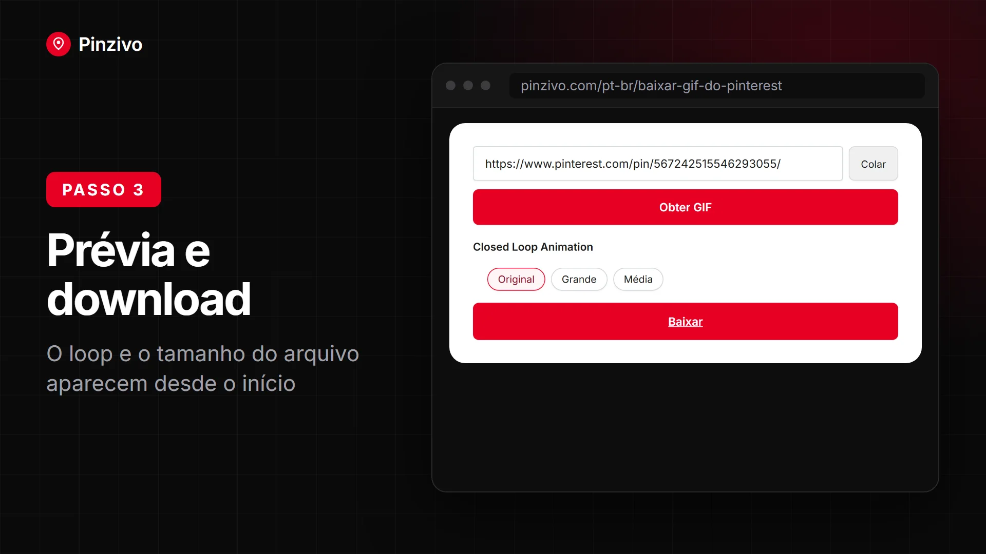 Prévia e download de um GIF do Pinterest Prévia e download de um GIF do Pinterest com o tamanho do arquivo visível