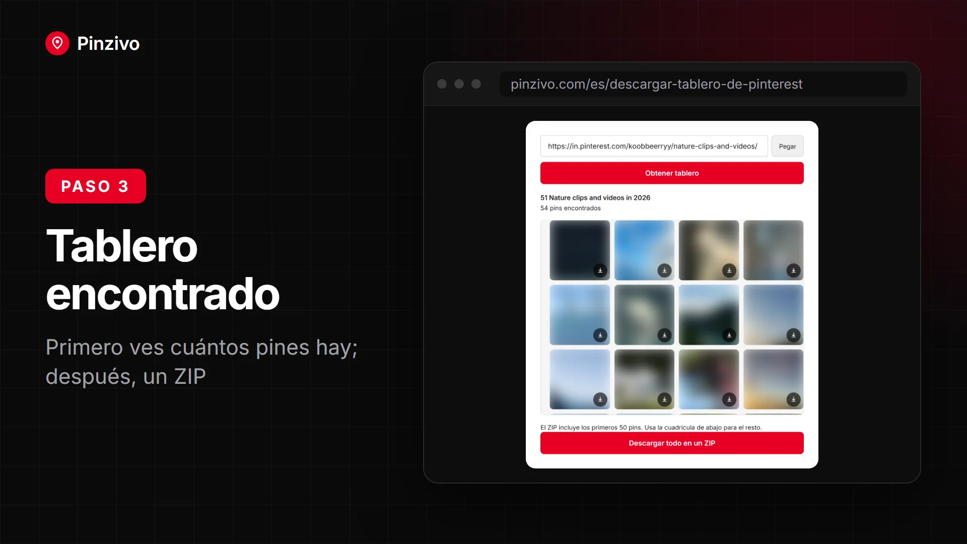 En computadora, el descargador de Pinterest encuentra un tablero y muestra cuántos pines tiene