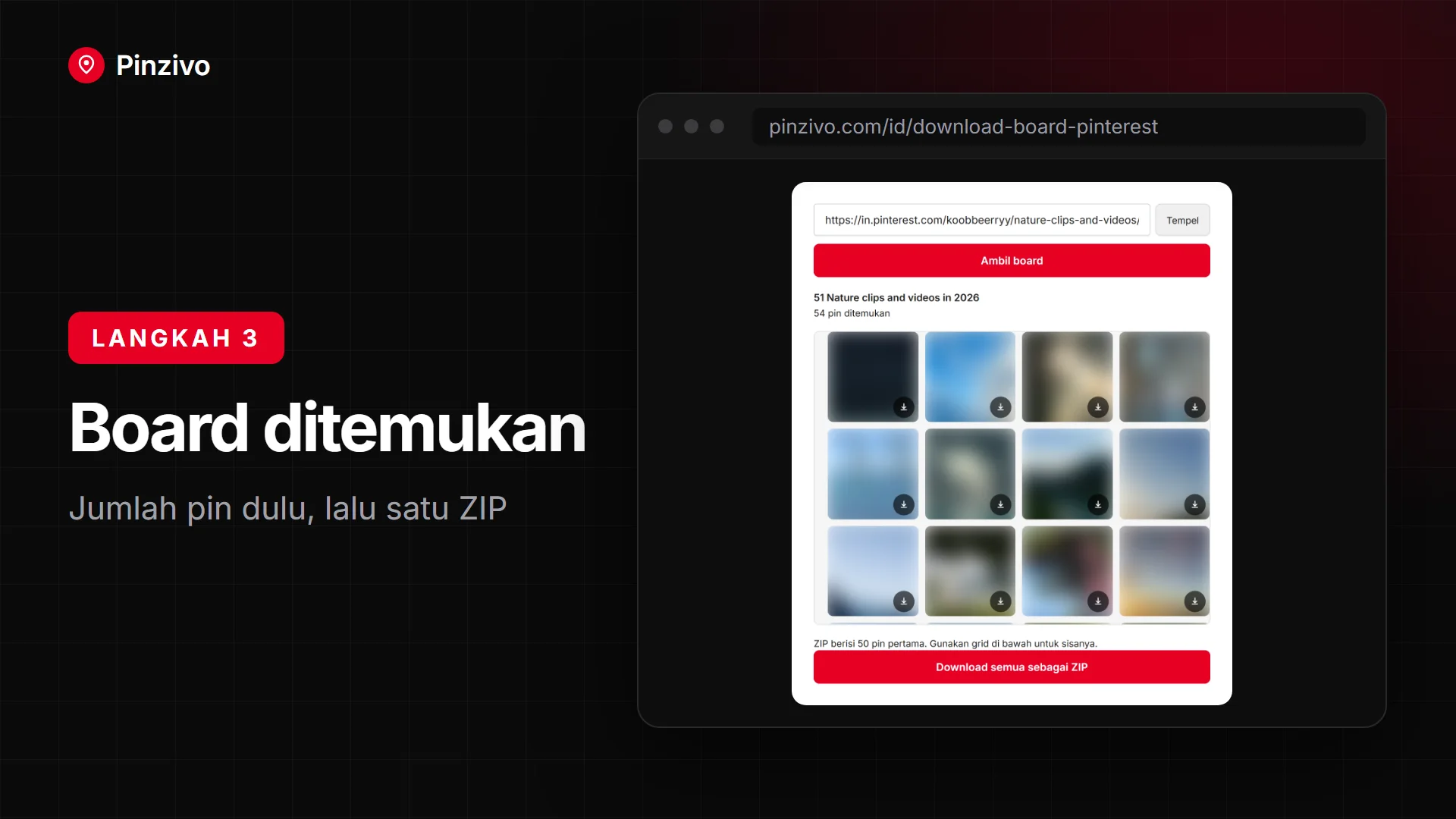 Board ditemukan Pinterest Downloader di komputer menemukan sebuah board dan menampilkan jumlah pin sebelum download ZIP