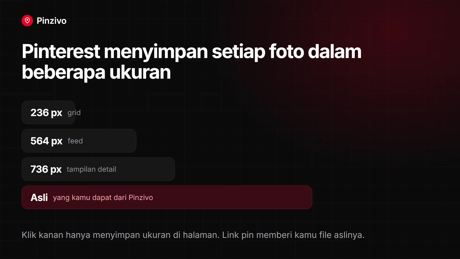 Ukuran foto Pinterest dibandingkan: 236 px, 564 px, 736 px, dan file asli